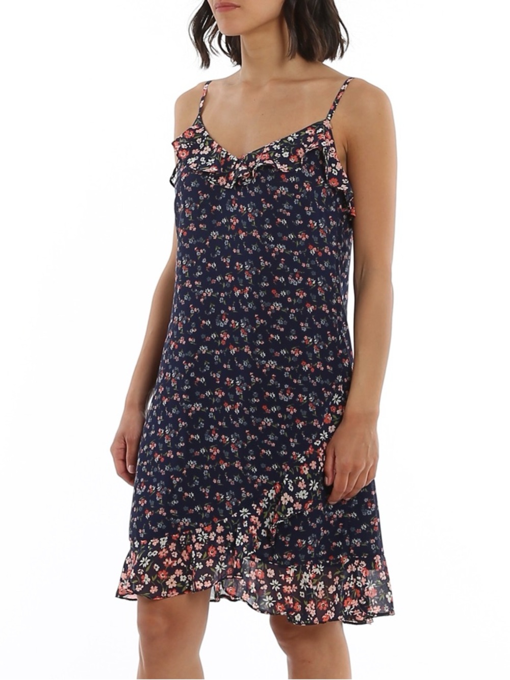 Michael Kors Navy‎ Floral Georgette Slip Dress with Ruffle Trim Size Small